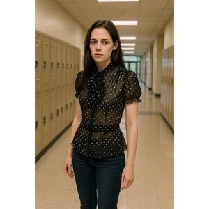 Vtg Lux Top Womens‎ S Black Silk Polka Dot Sheer Bow Tie Romantic Coquette Retro